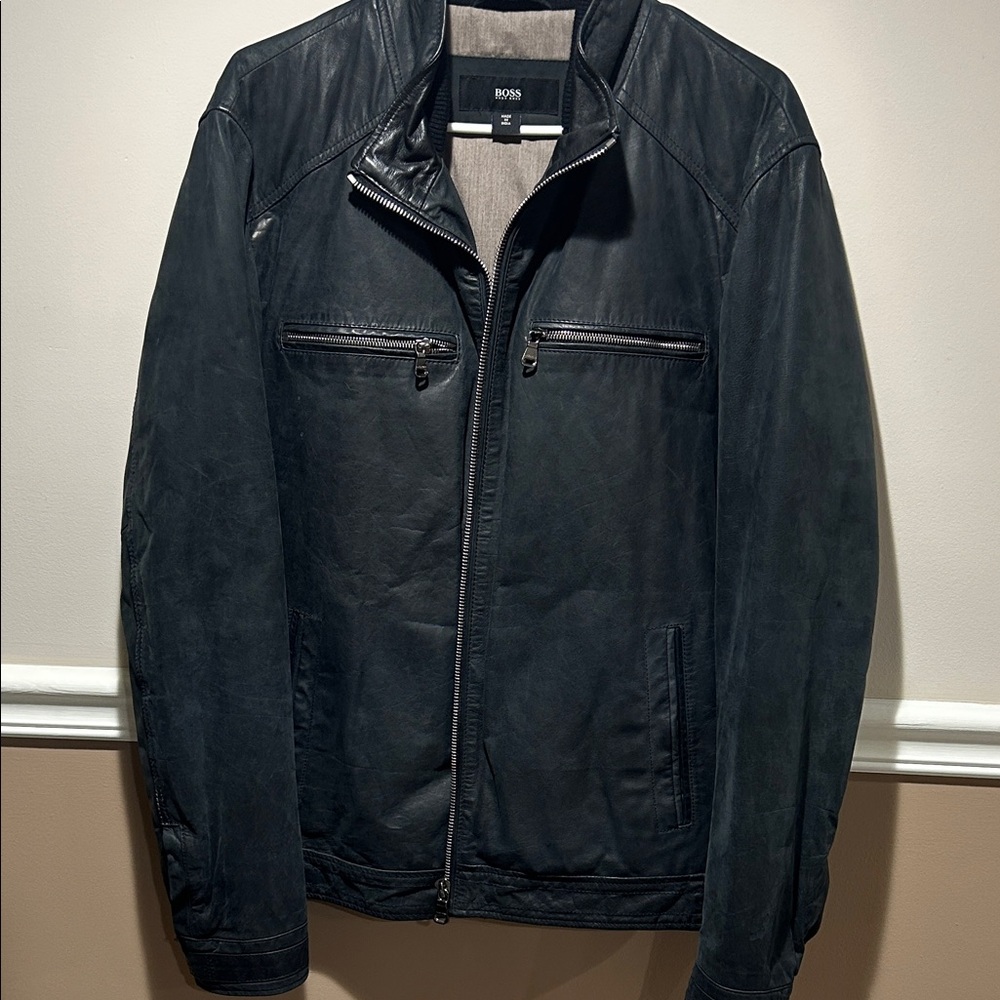 BOSS Men's Dark Gray Leather Jacket